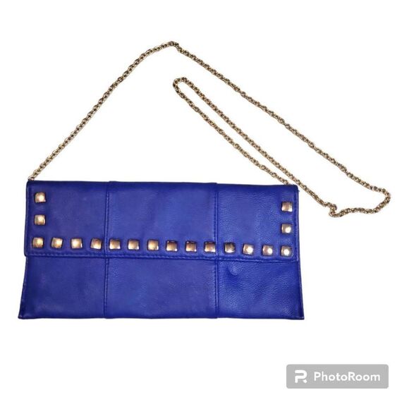 Miztique Blue with Gold Studs and Chain Vegan Leather Crossbody Clutch Purse - Picture 1 of 5